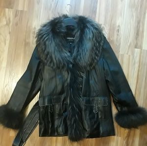 United Face New York Fur Collar Leather Coat